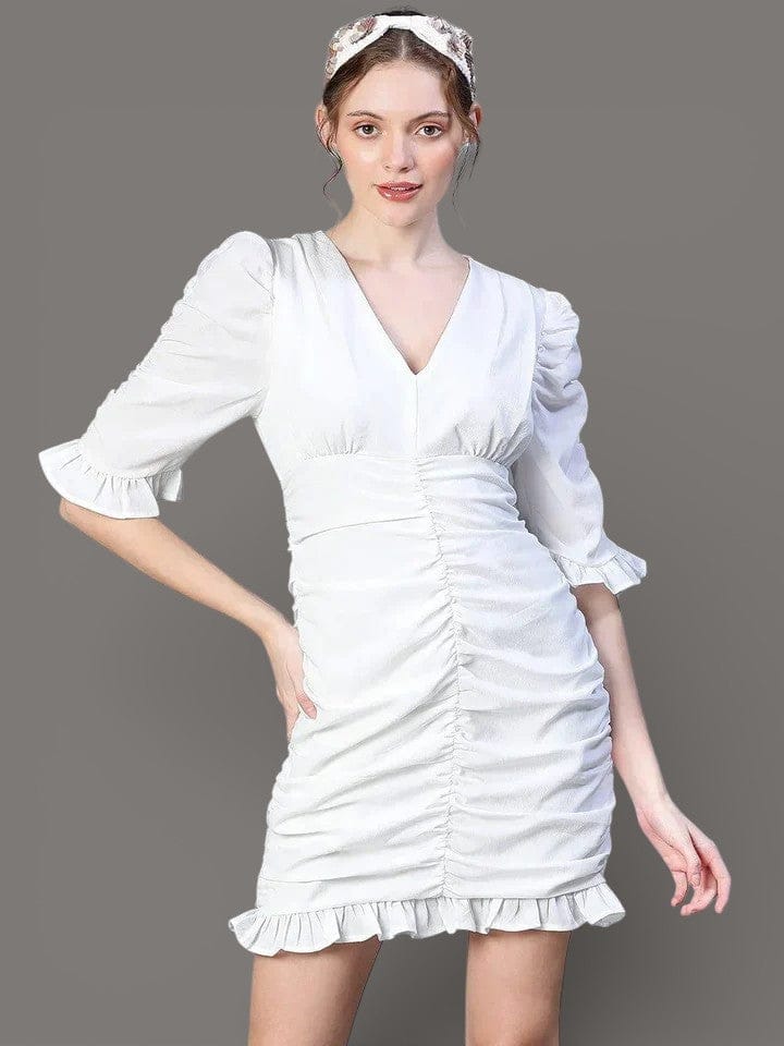 White Pleated Dress - Elegant V-Neck Bodycon Ruffle Above Knee Puff Sleeve