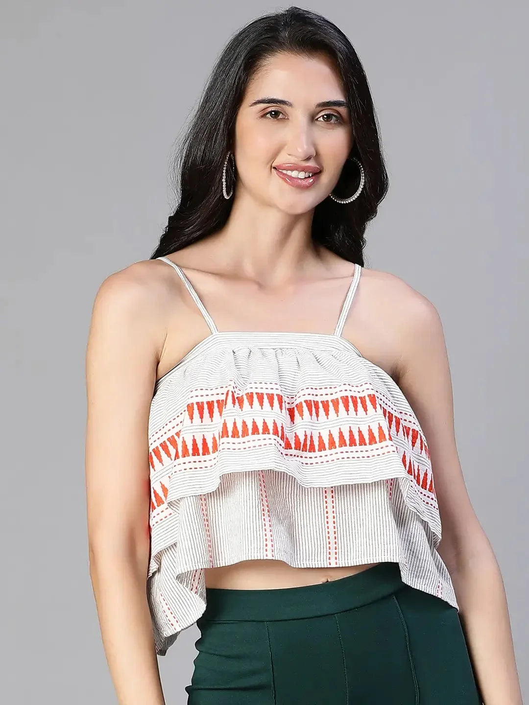 Women Grey Embroiderd Shoulder Strap Elasticated Cotton Top - oxolloxo
