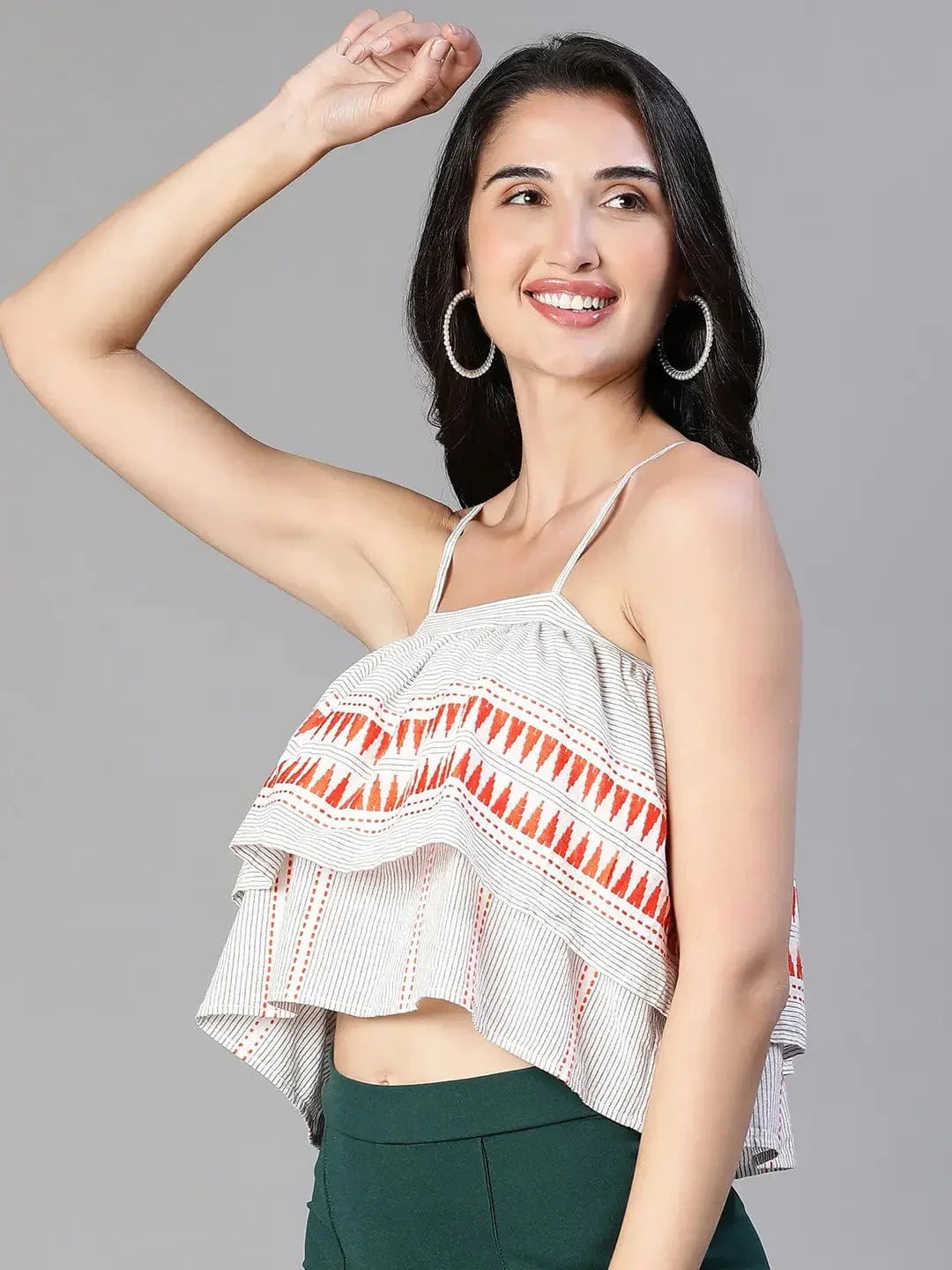 Women Grey Embroiderd Shoulder Strap Elasticated Cotton Top - oxolloxo