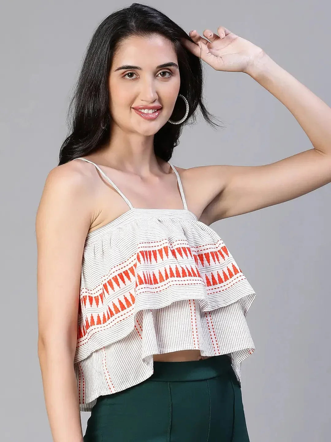 Women Grey Embroiderd Shoulder Strap Elasticated Cotton Top - oxolloxo