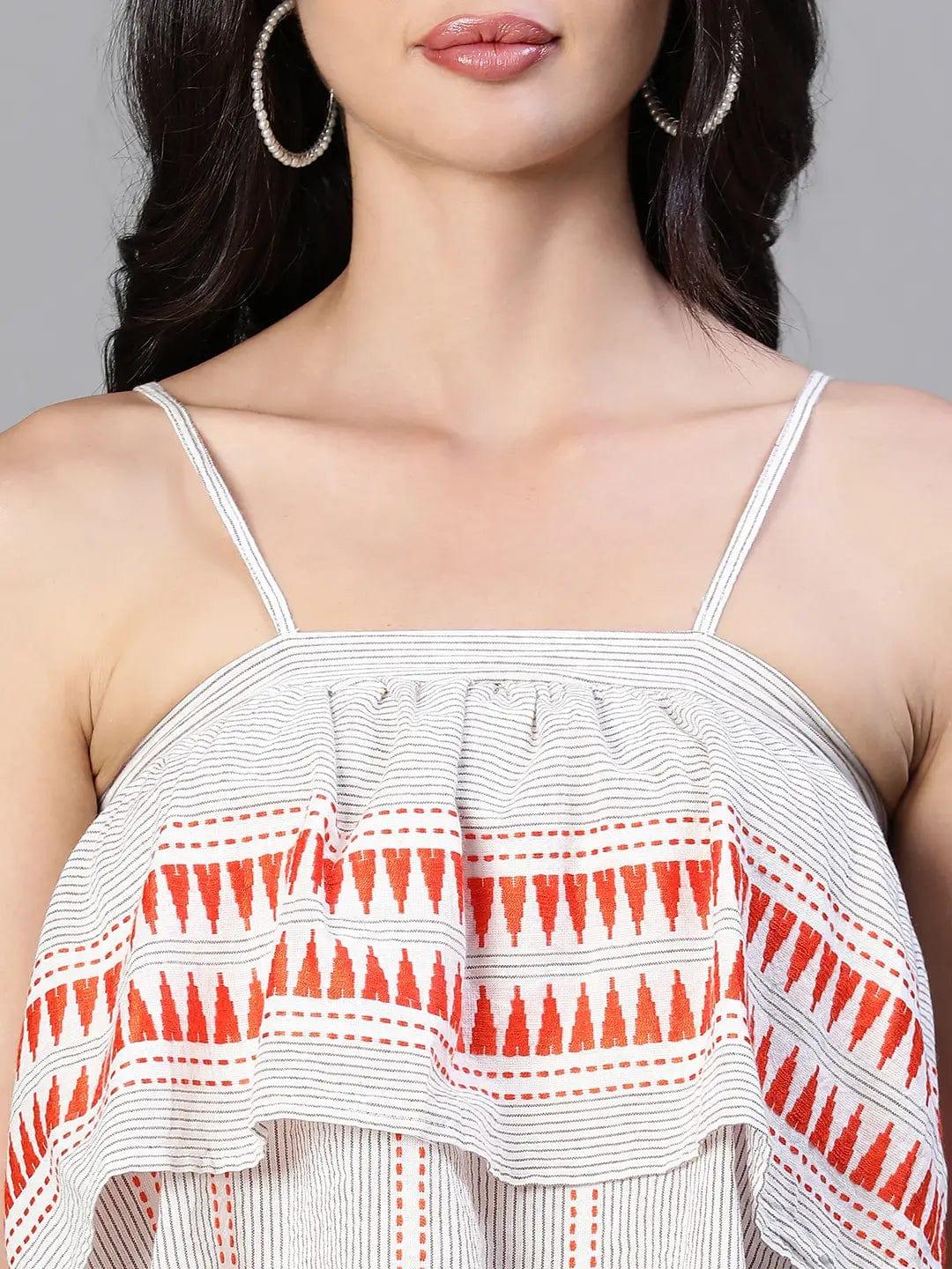 Women Grey Embroiderd Shoulder Strap Elasticated Cotton Top - oxolloxo