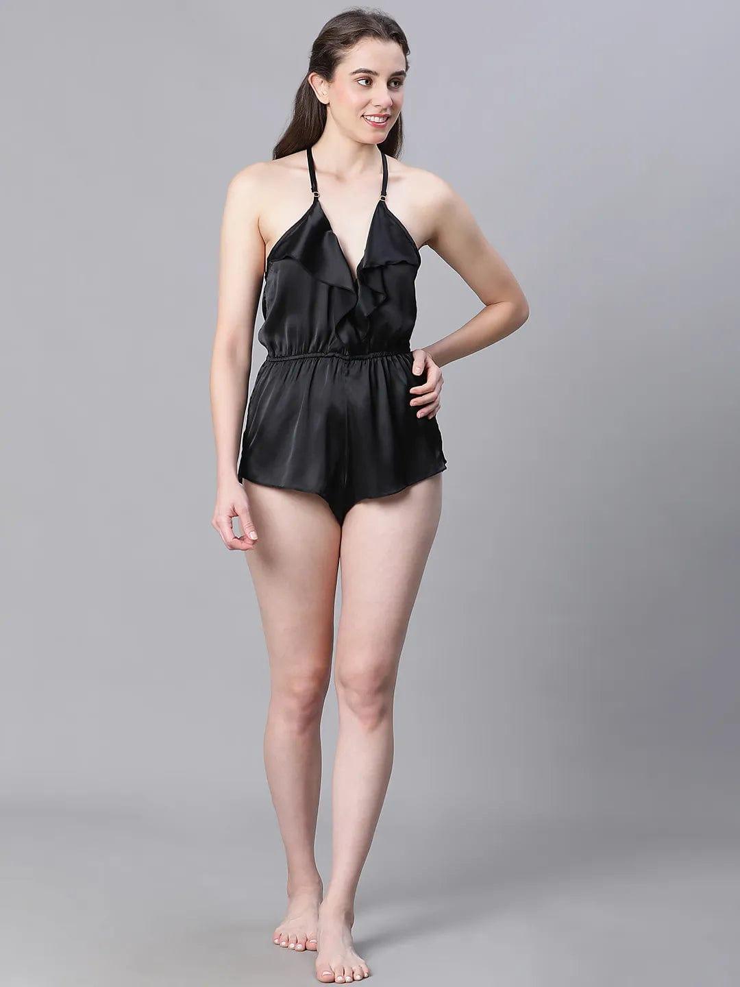 Classy Black Ruffled Satin Lingerie Set Playsuit For Women