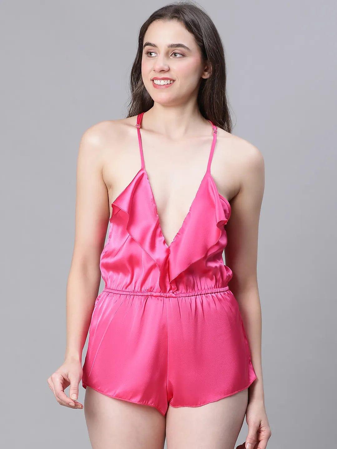 Gold Gold-Pink Ruffled Satin Lingerie Set Playsuit For Women