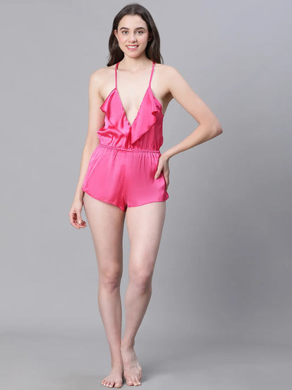 Gold Gold-Pink Ruffled Satin Lingerie Playsuit For Women