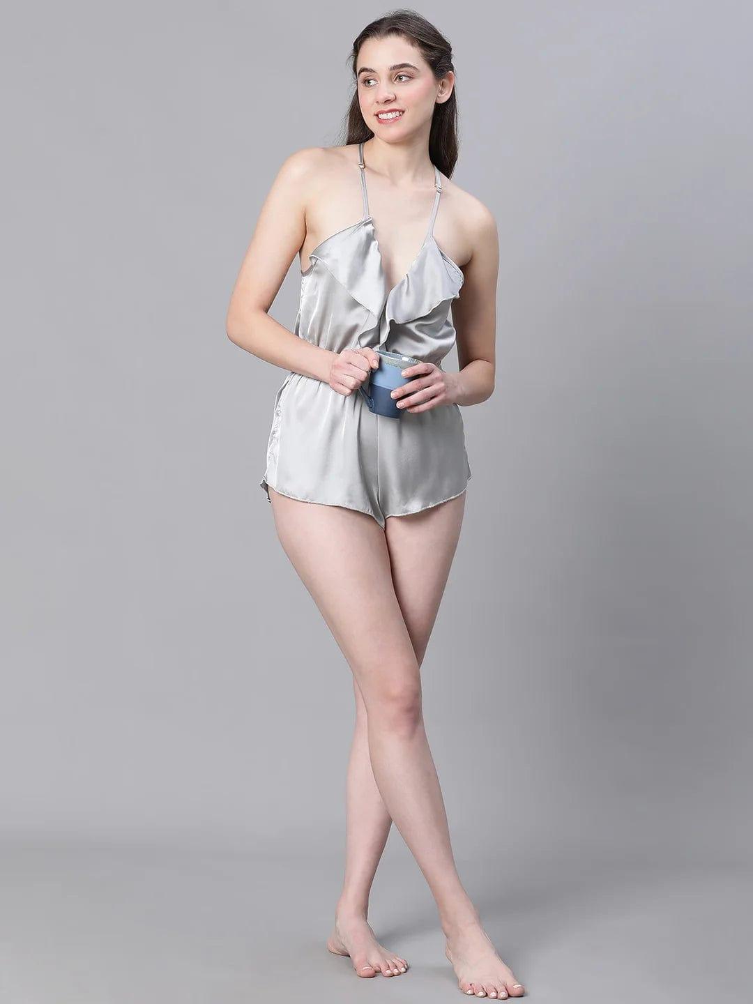 Eased Grey Elasticated Ruffled Satin Lingerie Set Playsuit For Women