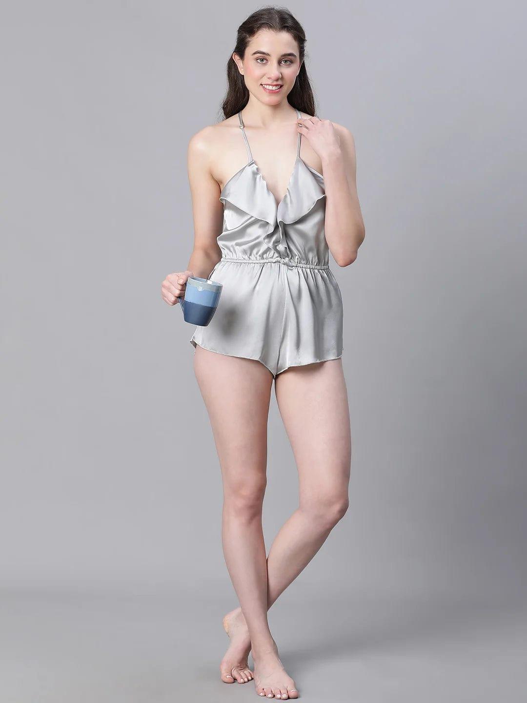 Eased Grey Elasticated Ruffled Satin Lingerie Set Playsuit For Women