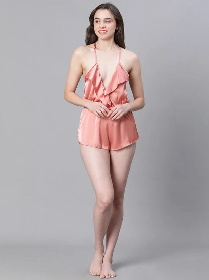 Favored Peach Satin Lingerie Playsuit For Women