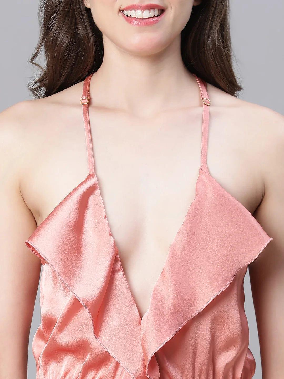 Favored Peach Satin Lingerie Playsuit For Women