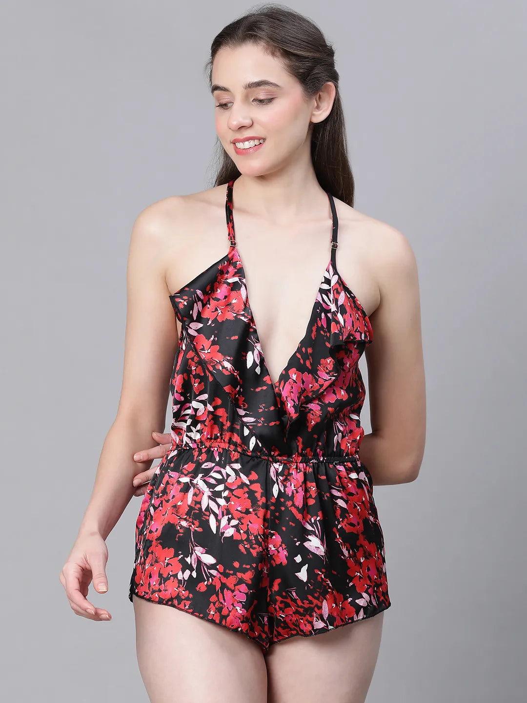 Embraced Floral Print Multicolor Ruffled Satin Lingerie