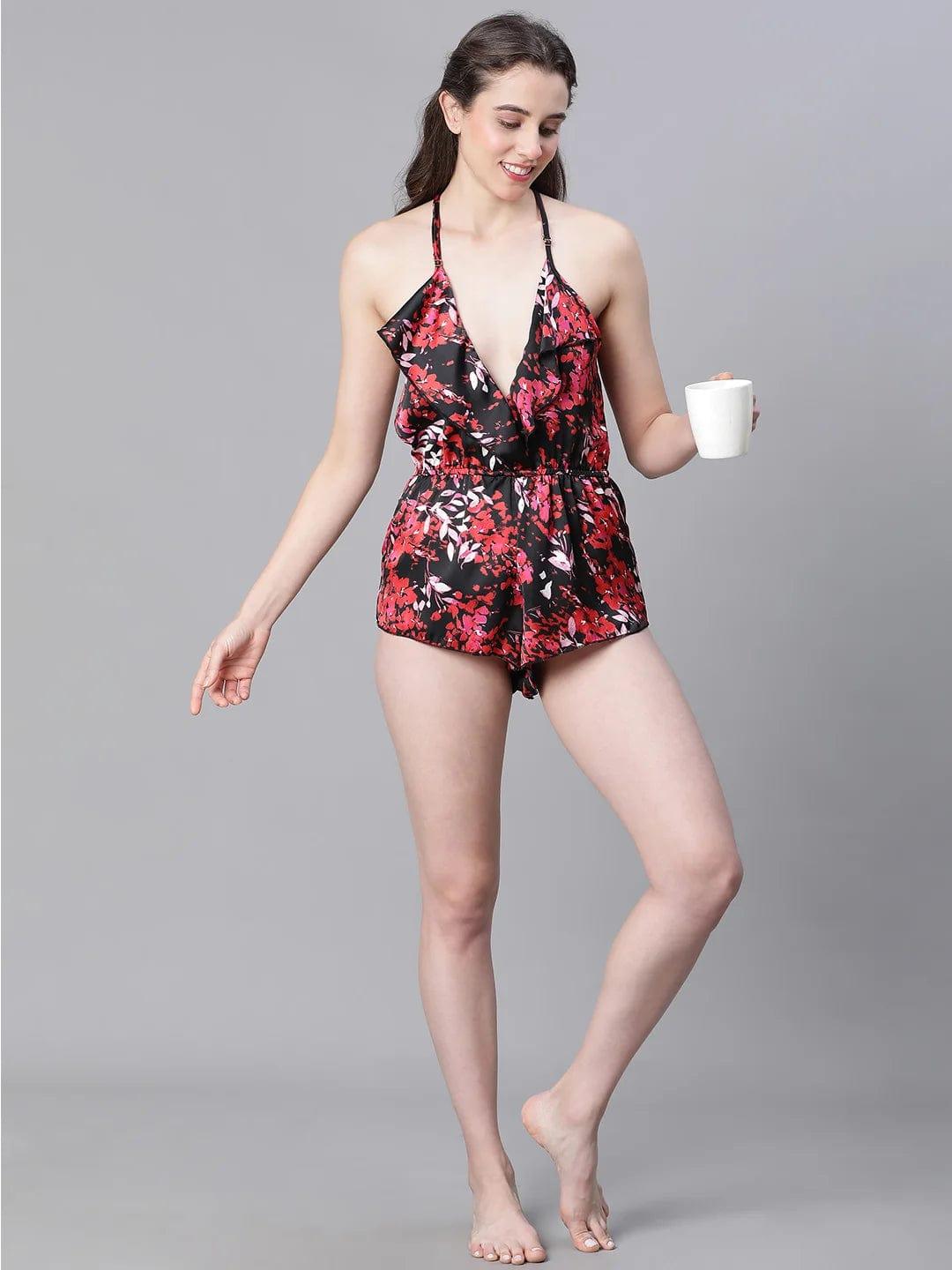 Embraced Floral Print Multicolor Ruffled Satin Lingerie Set