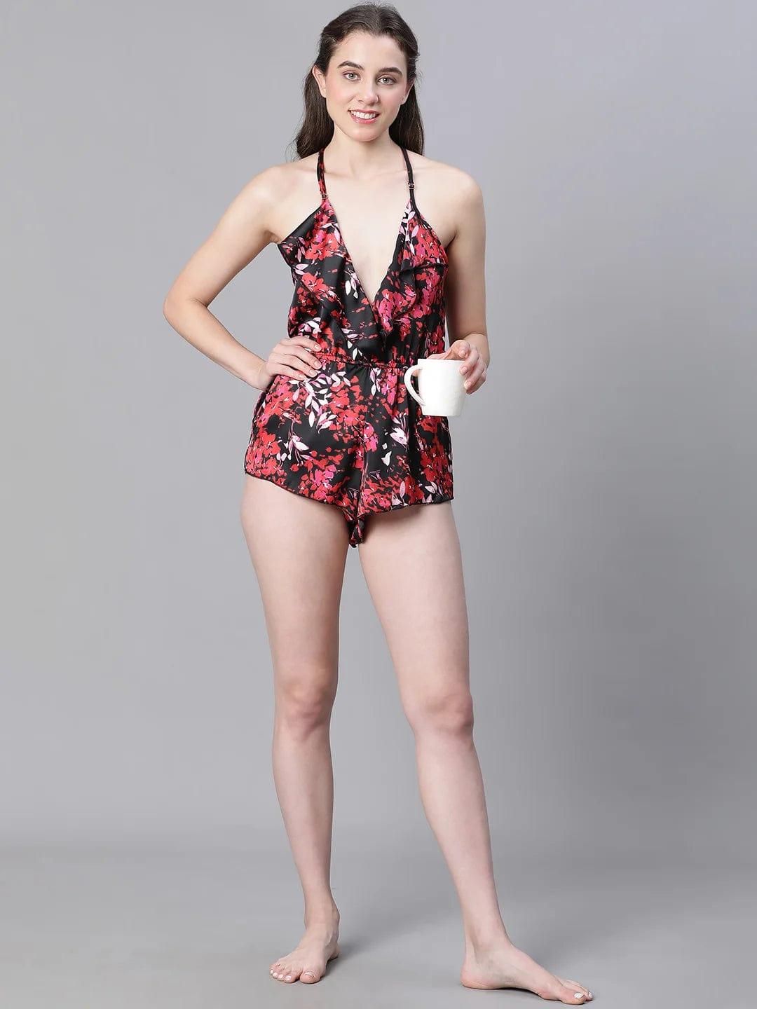 Embraced Floral Print Multicolor Ruffled Satin Lingerie Set