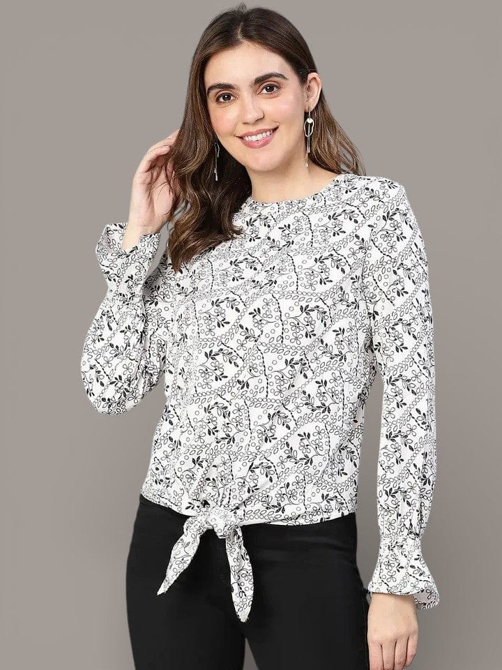White Floral Top - Women's Polyester Tie Knot Blouse With Long Bell Sleeves