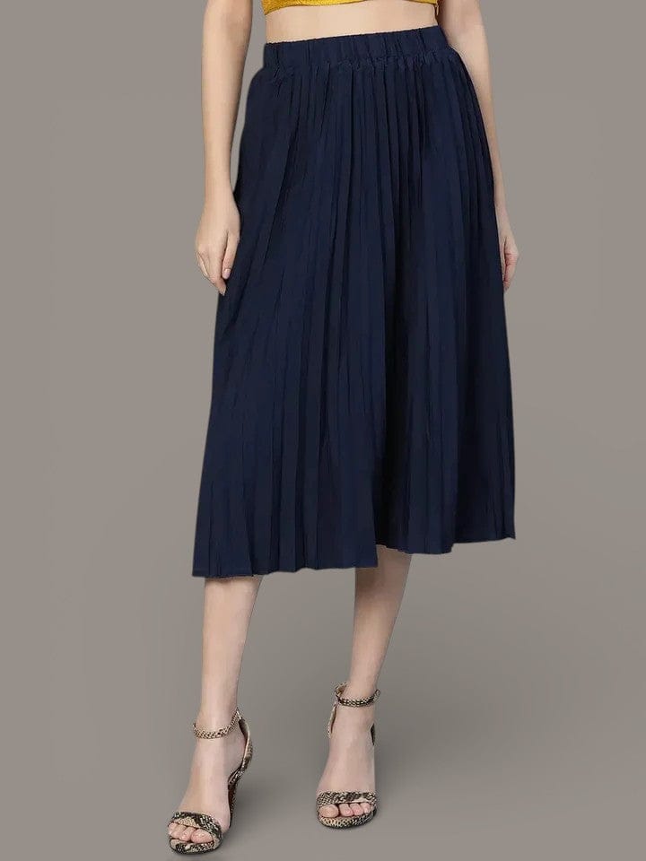 Women Solid Navy Blue Pleated & Elasticated  Polyester Skirt