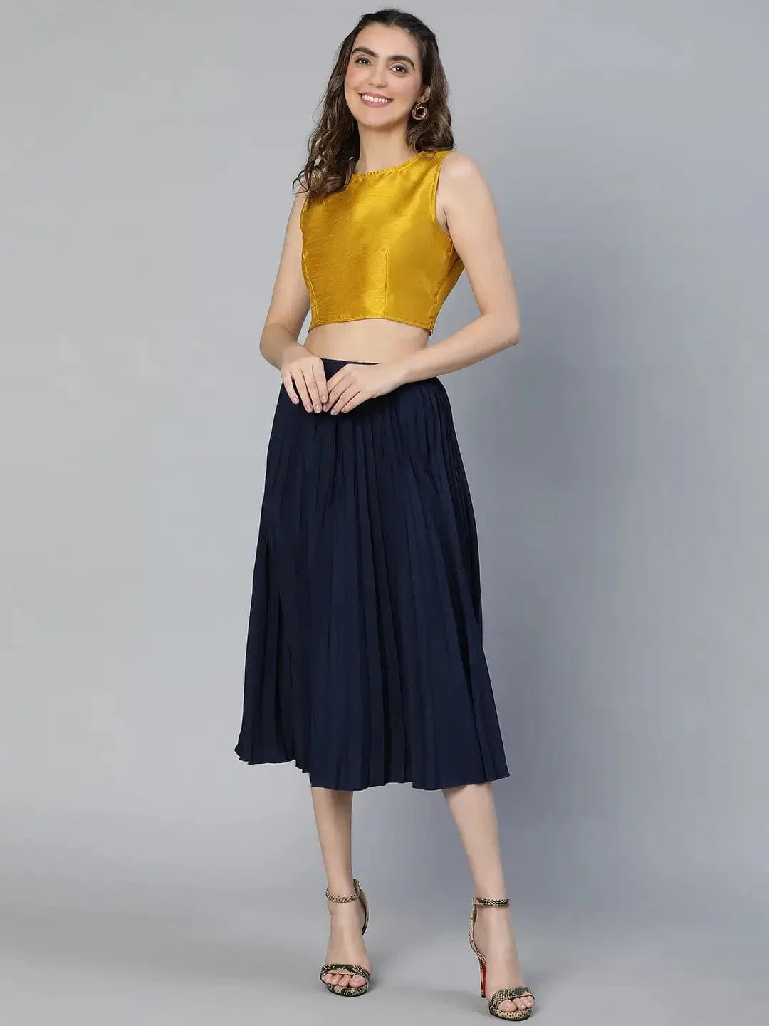 Women Solid Navy Blue Pleated & Elasticated Polyester Skirt - oxolloxo