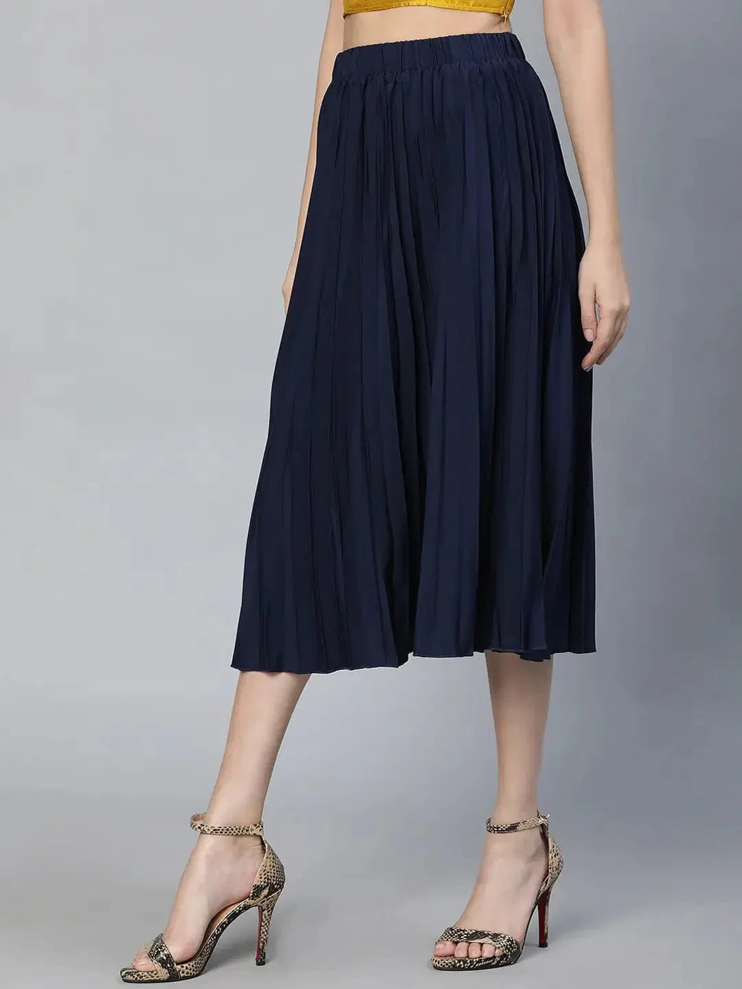 Women Solid Navy Blue Pleated & Elasticated Polyester Skirt - oxolloxo
