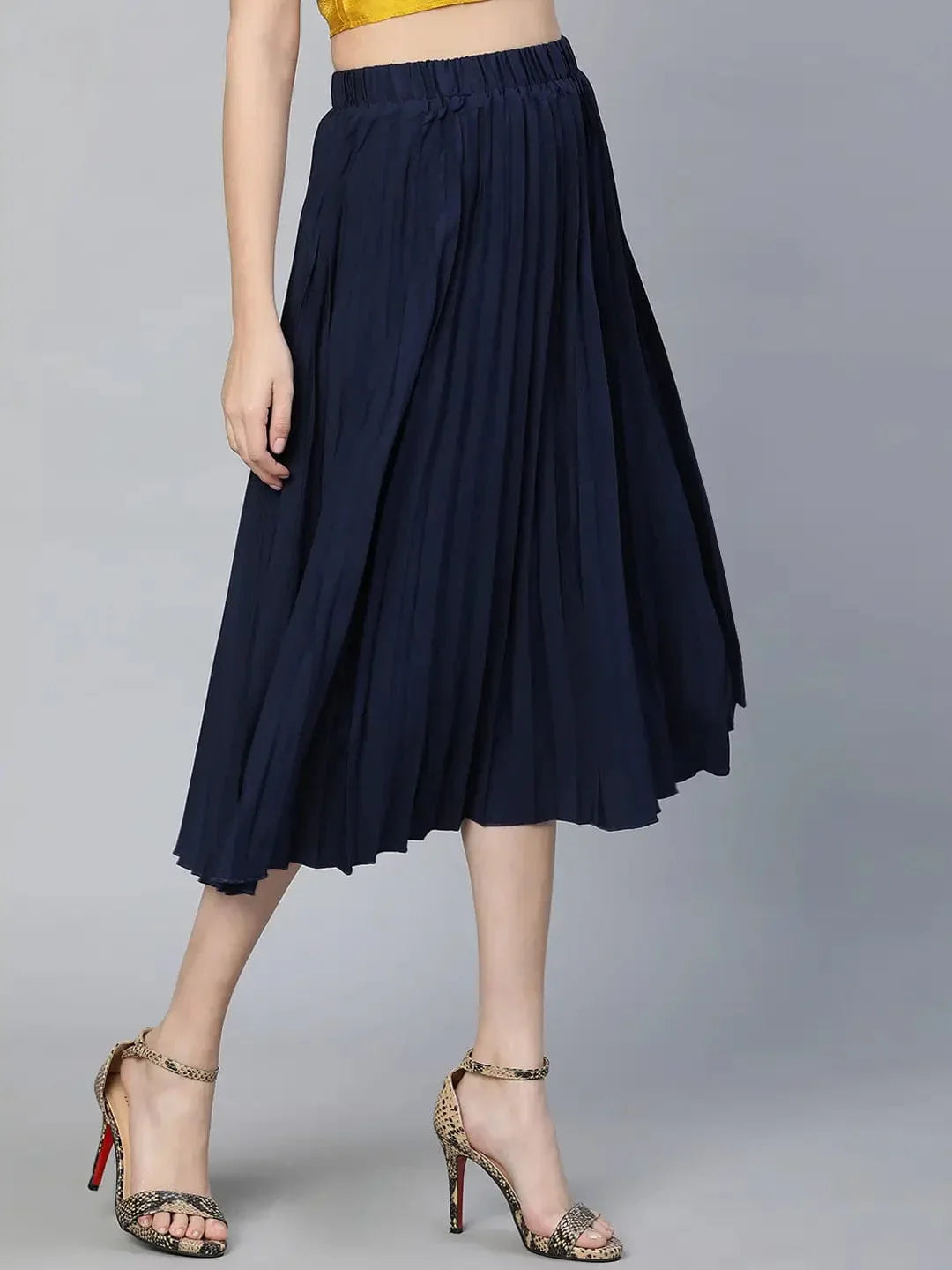 Women Solid Navy Blue Pleated & Elasticated Polyester Skirt - oxolloxo