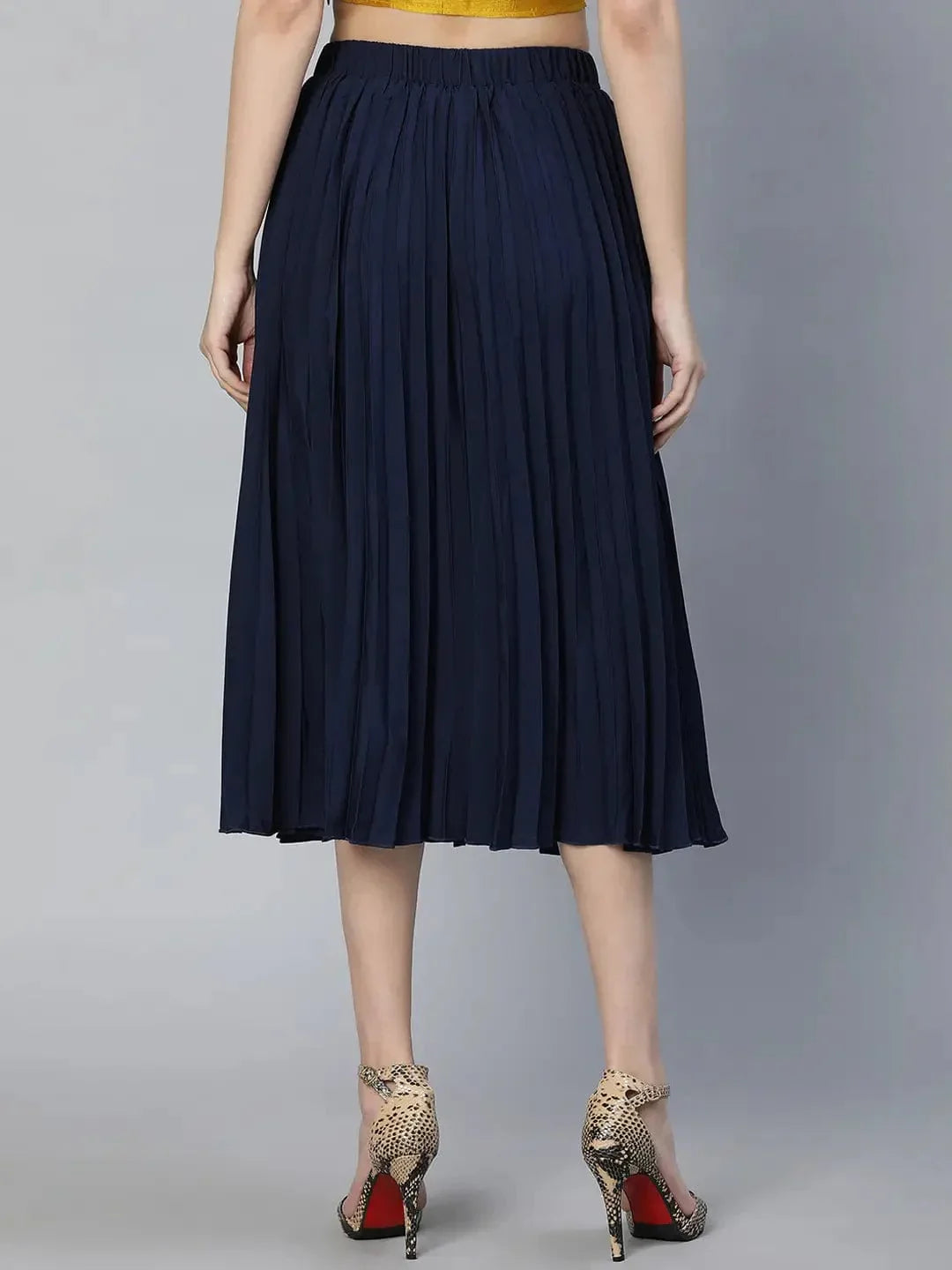 Women Solid Navy Blue Pleated & Elasticated Polyester Skirt - oxolloxo