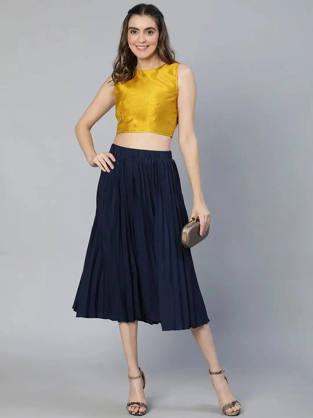 Women Solid Navy Blue Pleated & Elasticated Polyester Skirt - oxolloxo