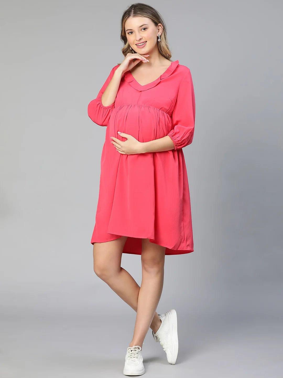 Malicious Pink Round Neck Ruffled Maternity Dress For Moms