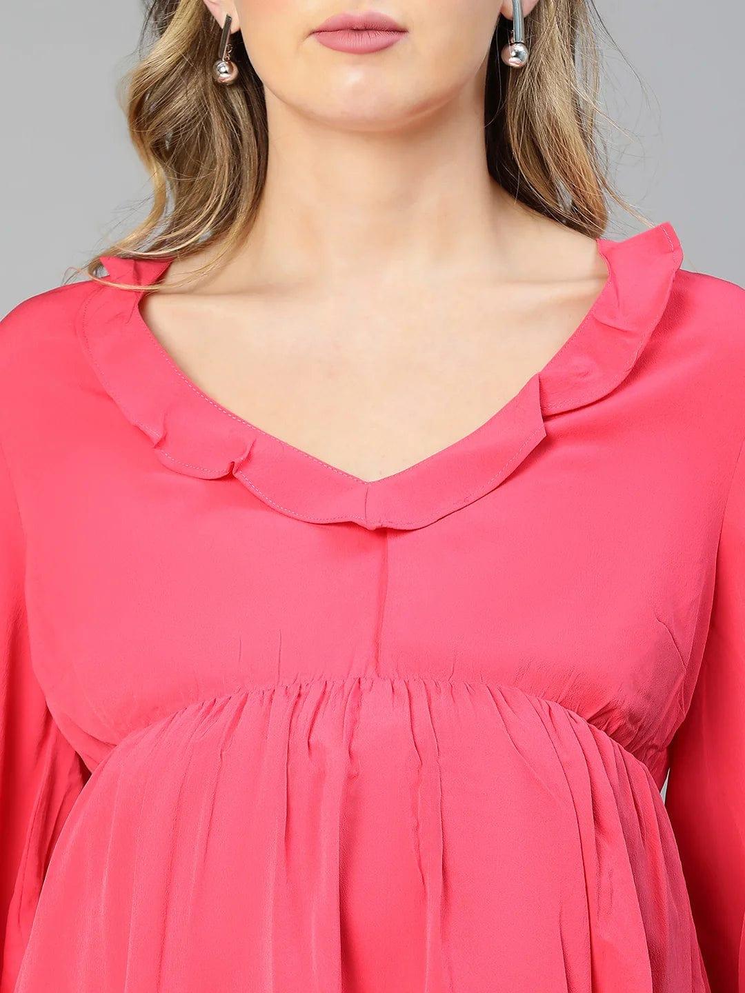 Malicious Pink Round Neck Ruffled Maternity Dress For Moms