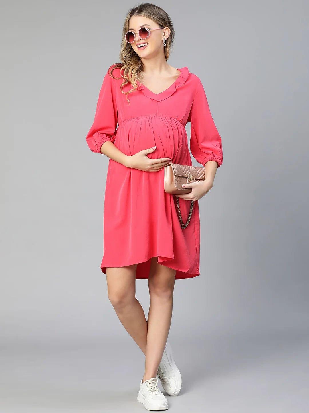 Malicious Pink Round Neck Ruffled Maternity Dress For Moms