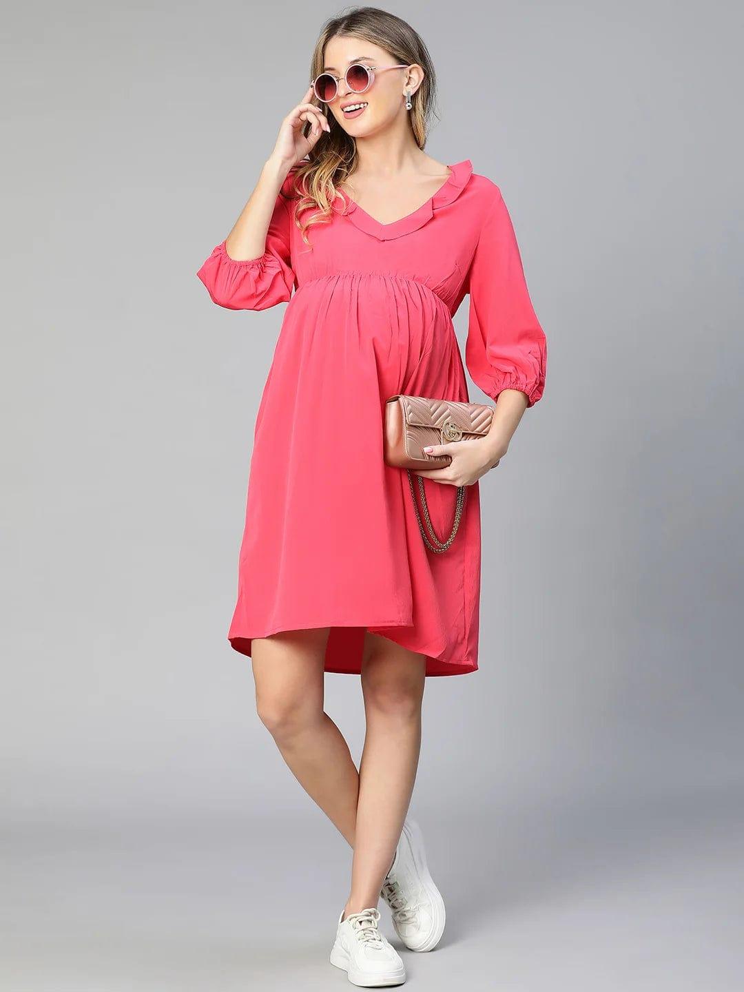 Malicious Pink Round Neck Ruffled Maternity Dress For Moms