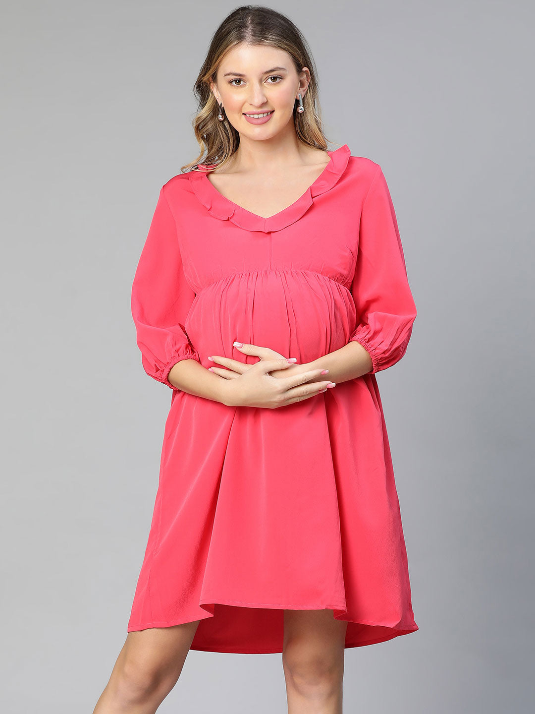 Malicious Pink Round Neck Ruffled Maternity Dress For Moms