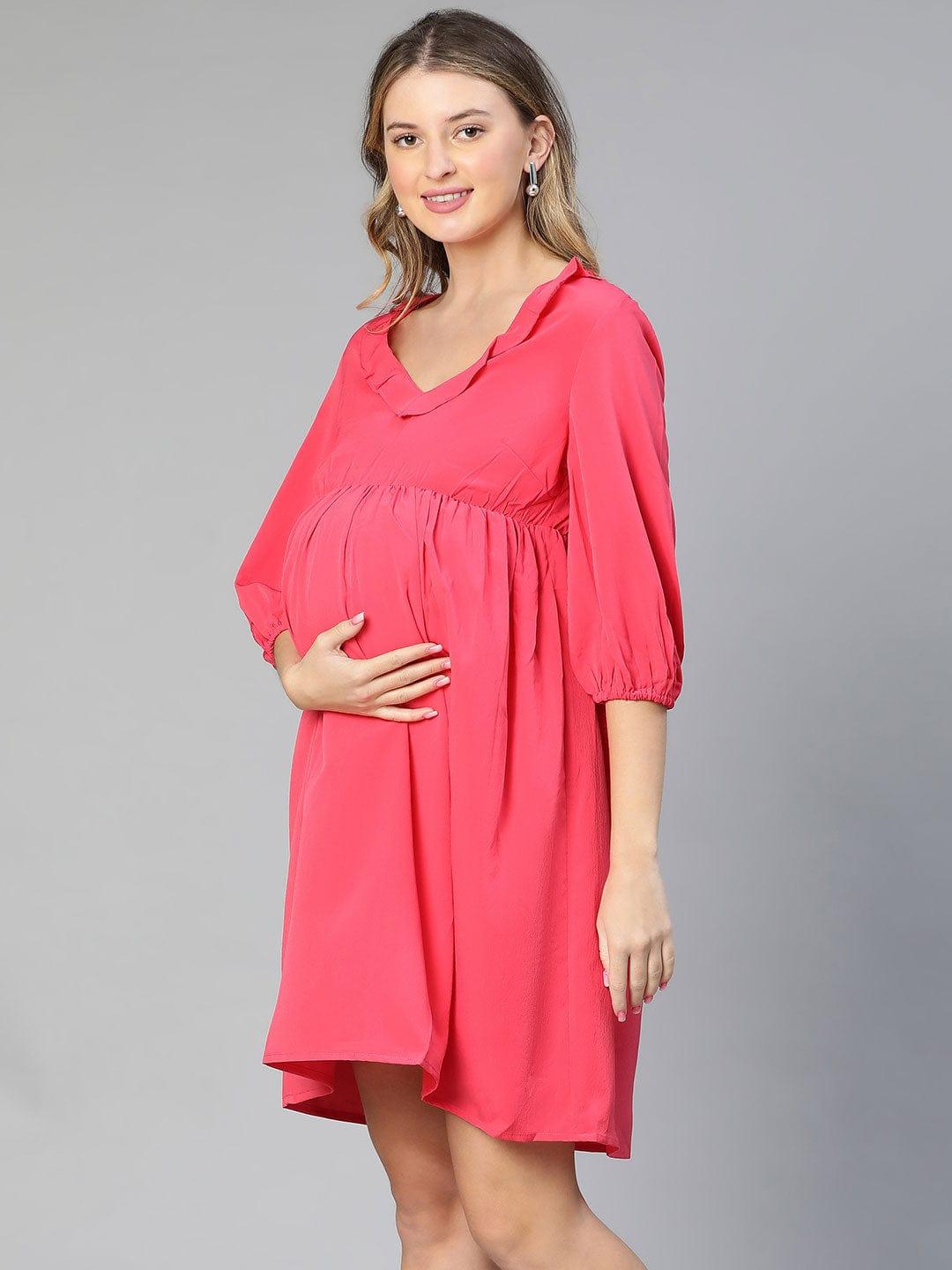 Malicious Pink Round Neck Ruffled Maternity Dress For Moms