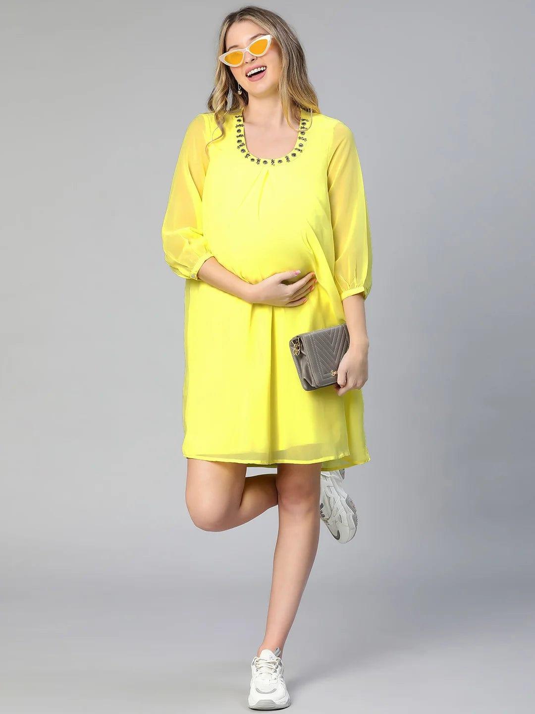 Allured Yellow Embellished Elasticated Maternity Dress