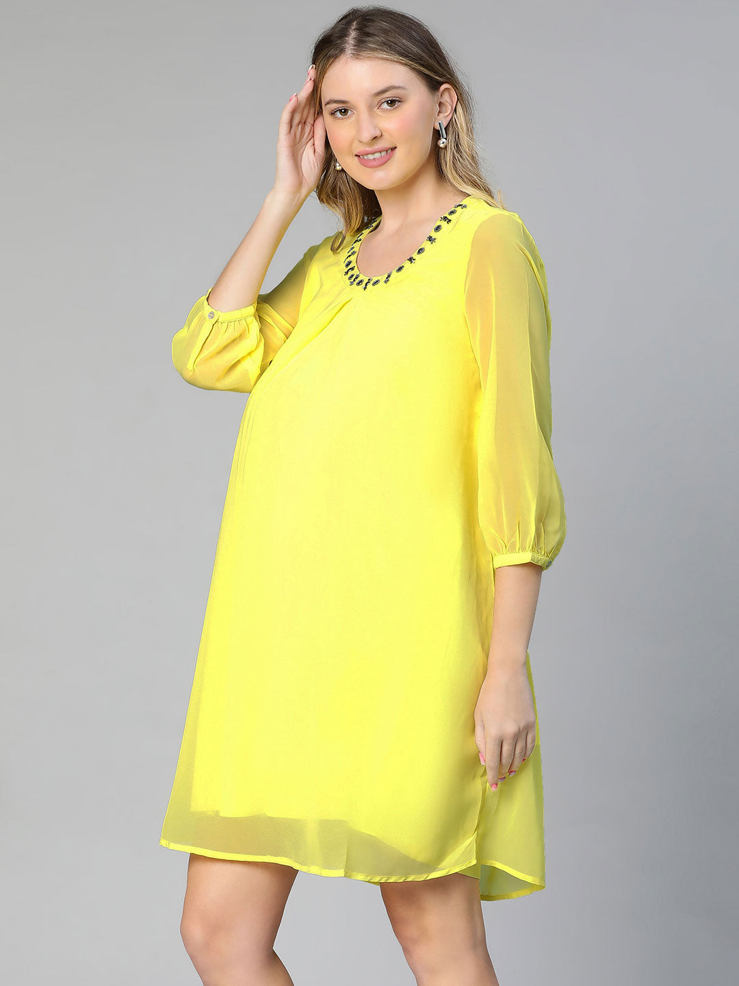 Allured Yellow Embellished Elasticated Maternity Dress