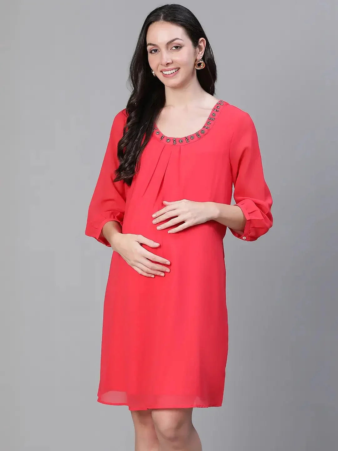 Women Embellished Elsaticated Round Neck Red Maternity Dress - oxolloxo