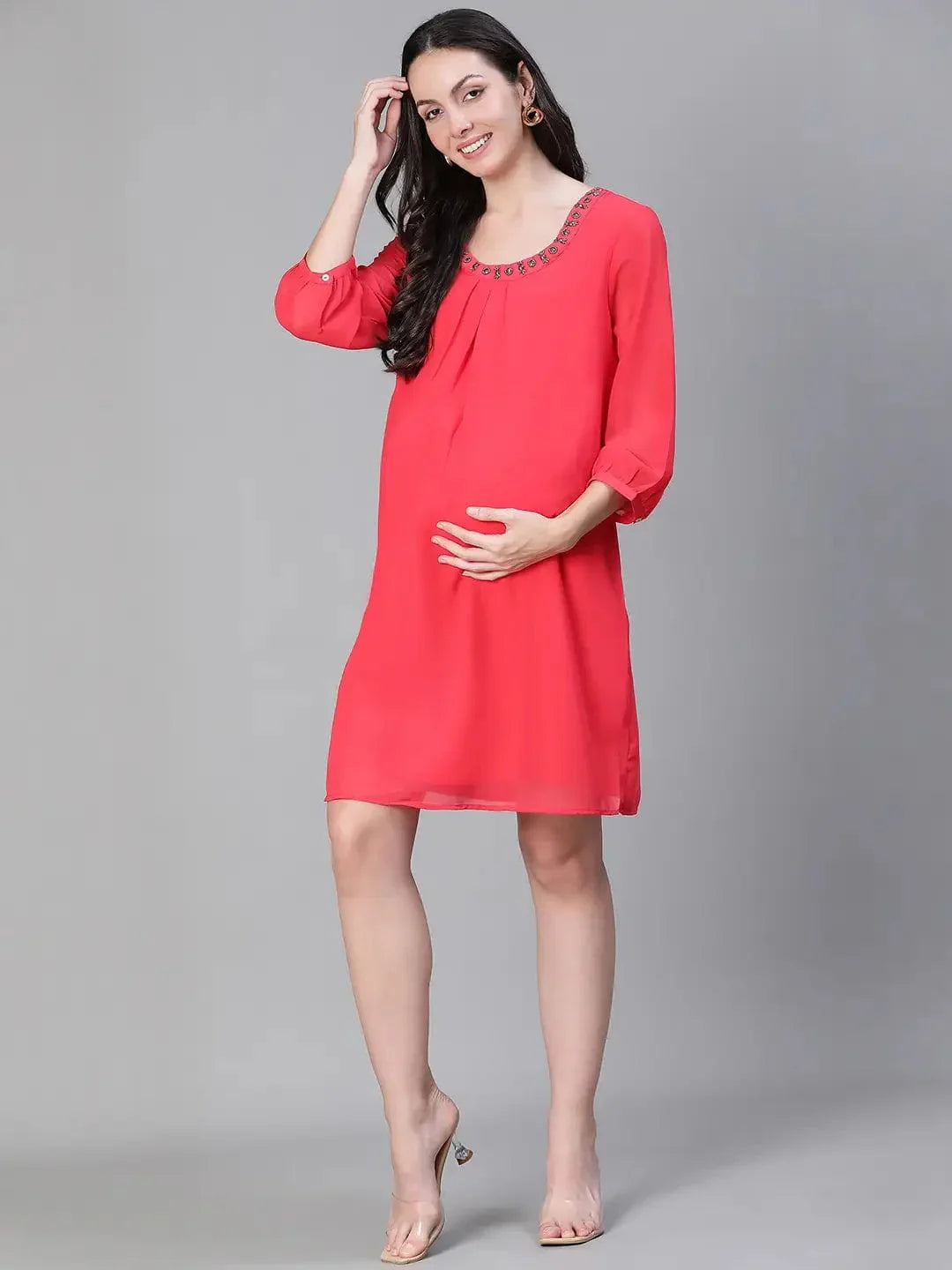 Women Embellished Elsaticated Round Neck Red Maternity Dress - oxolloxo