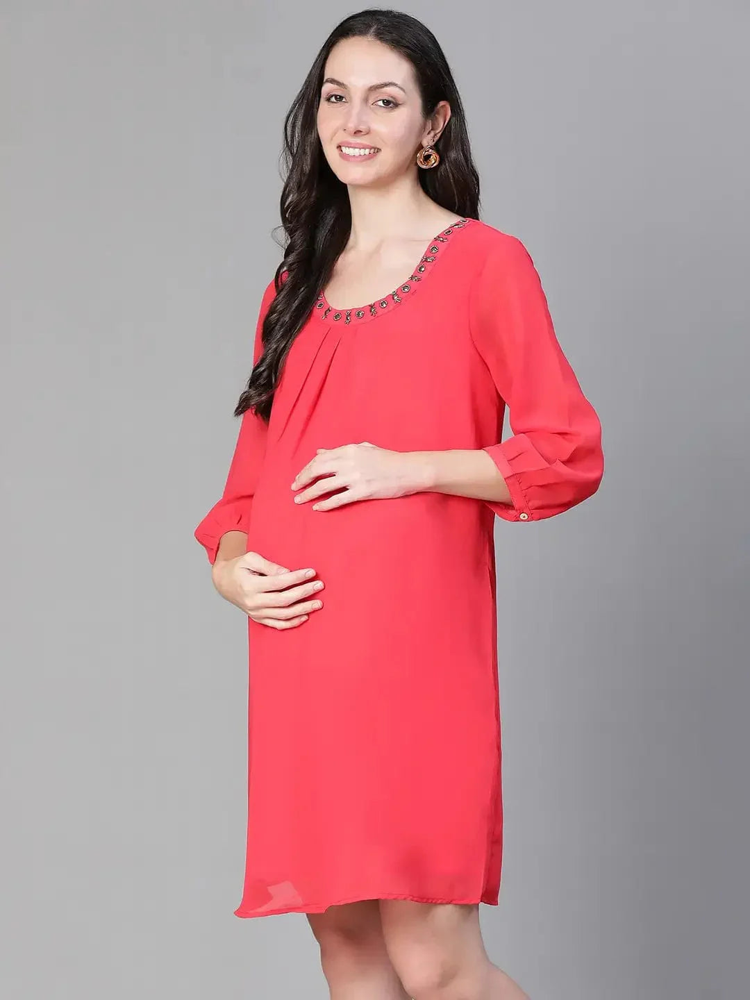 Women Embellished Elsaticated Round Neck Red Maternity Dress - oxolloxo