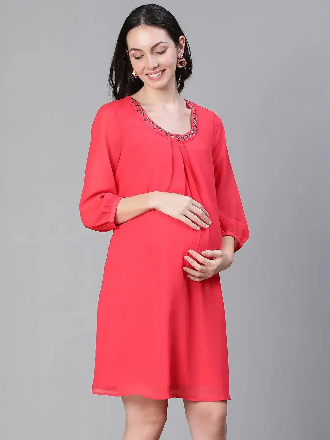 Women Embellished Elsaticated Round Neck Red Maternity Dress - oxolloxo