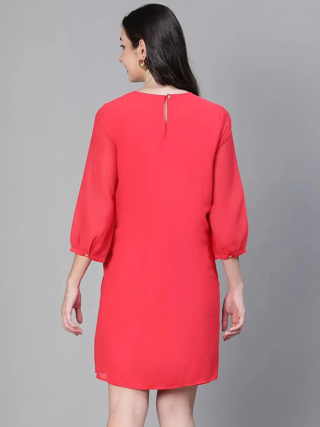 Women Embellished Elsaticated Round Neck Red Maternity Dress - oxolloxo