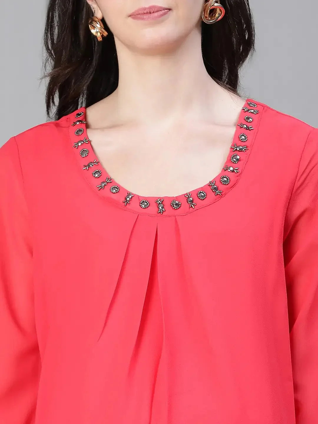 Women Embellished Elsaticated Round Neck Red Maternity Dress - oxolloxo