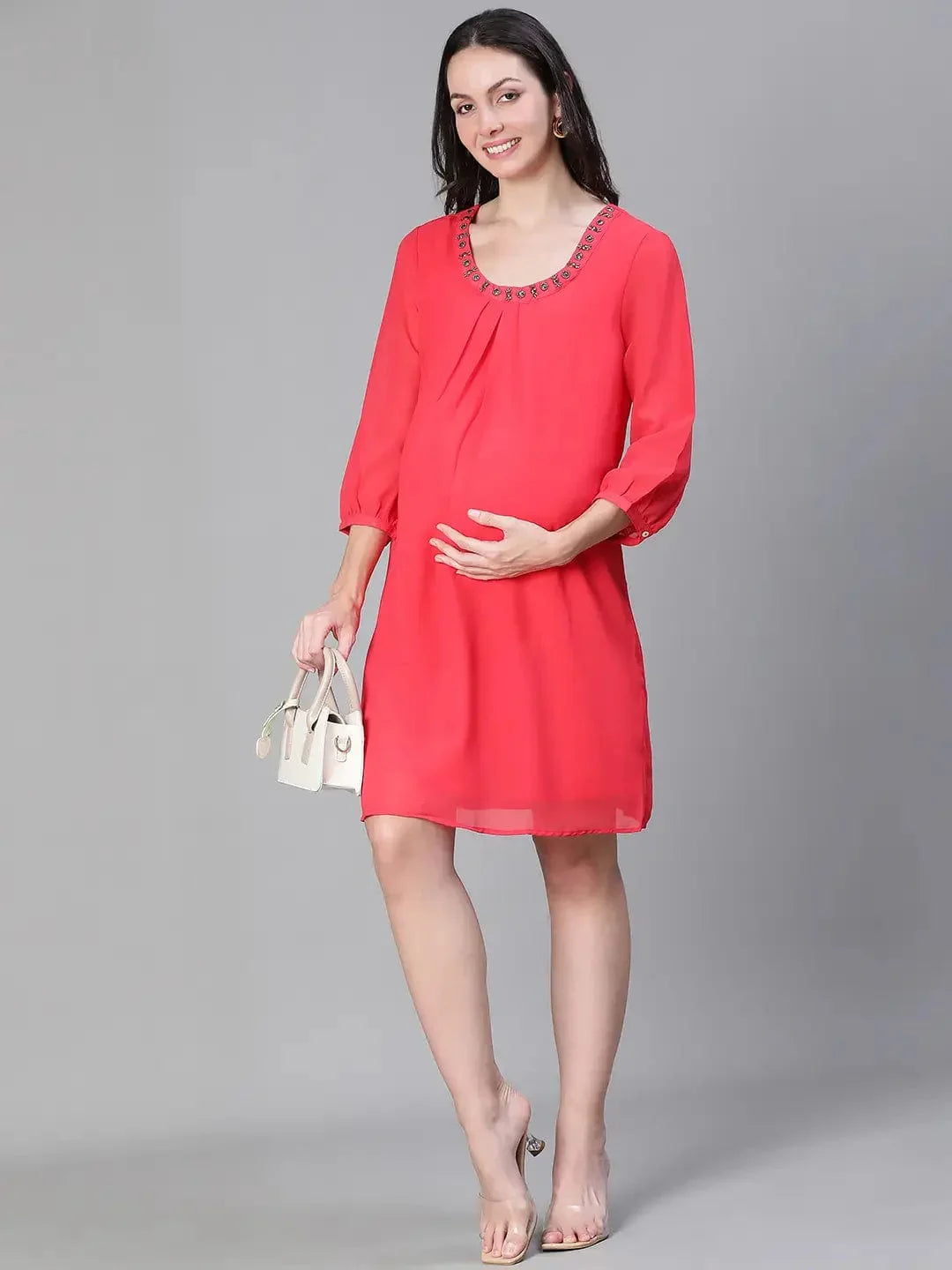Women Embellished Elsaticated Round Neck Red Maternity Dress - oxolloxo