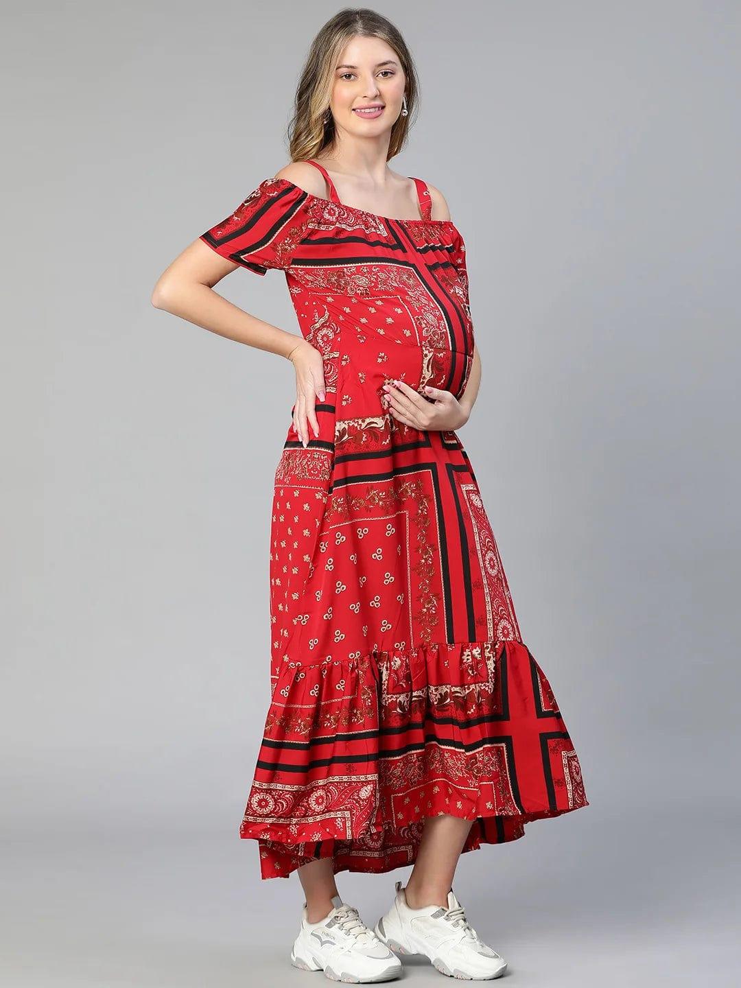 Amplified Red Floral Print Off-Shoulder Maternity Dress For Moms