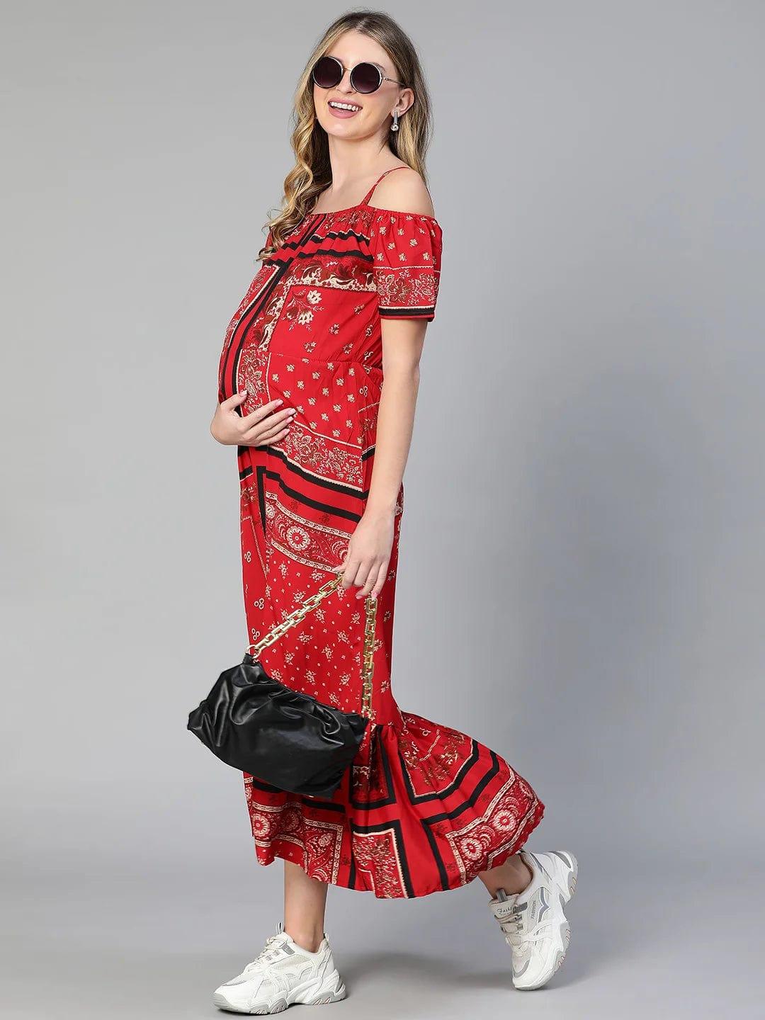 Amplified Red Floral Print Off-Shoulder Maternity Dress For Moms