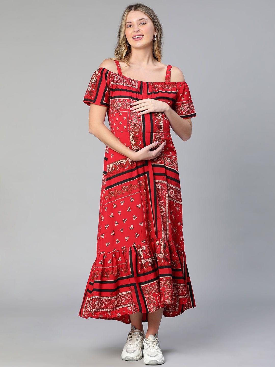 Amplified Red Floral Print Off-Shoulder Maternity Dress For Moms