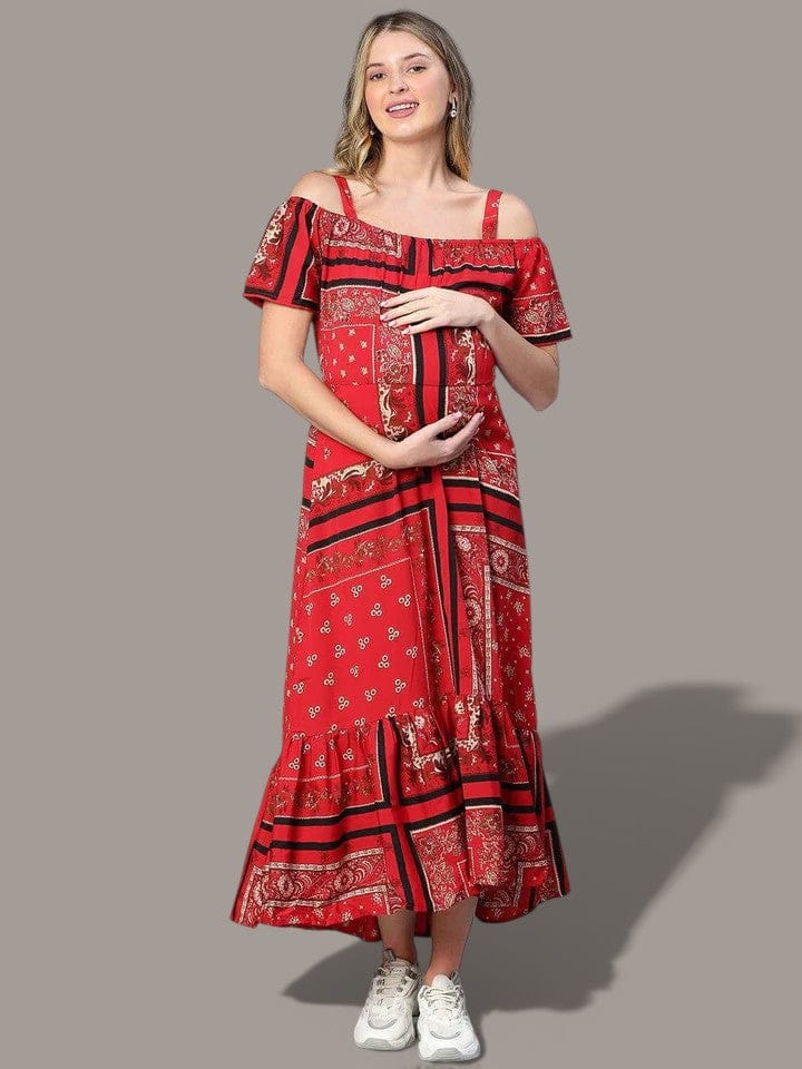 Women's Red Floral Print Maternity Dress