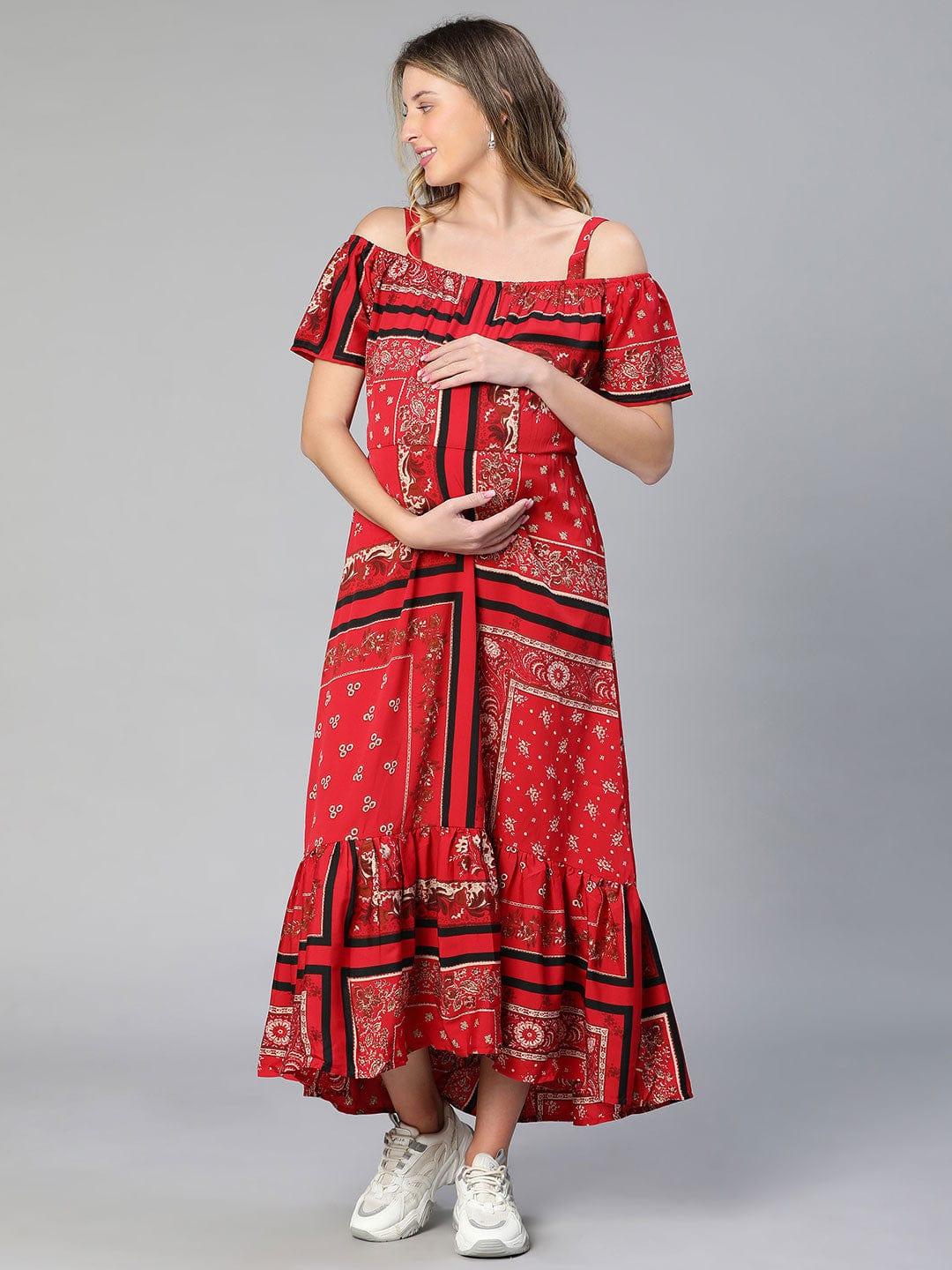 Amplified Red Floral Print Off-Shoulder Maternity Dress For Moms