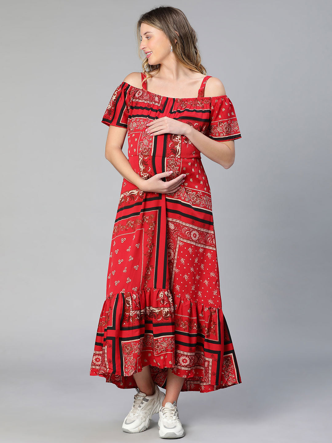 Amplified Red Floral Print Off-Shoulder Maternity Dress For Moms