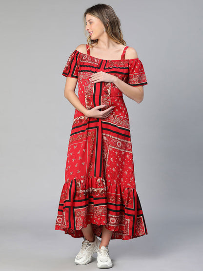 Amplified Red Floral Print Off-Shoulder Maternity Dress For Moms