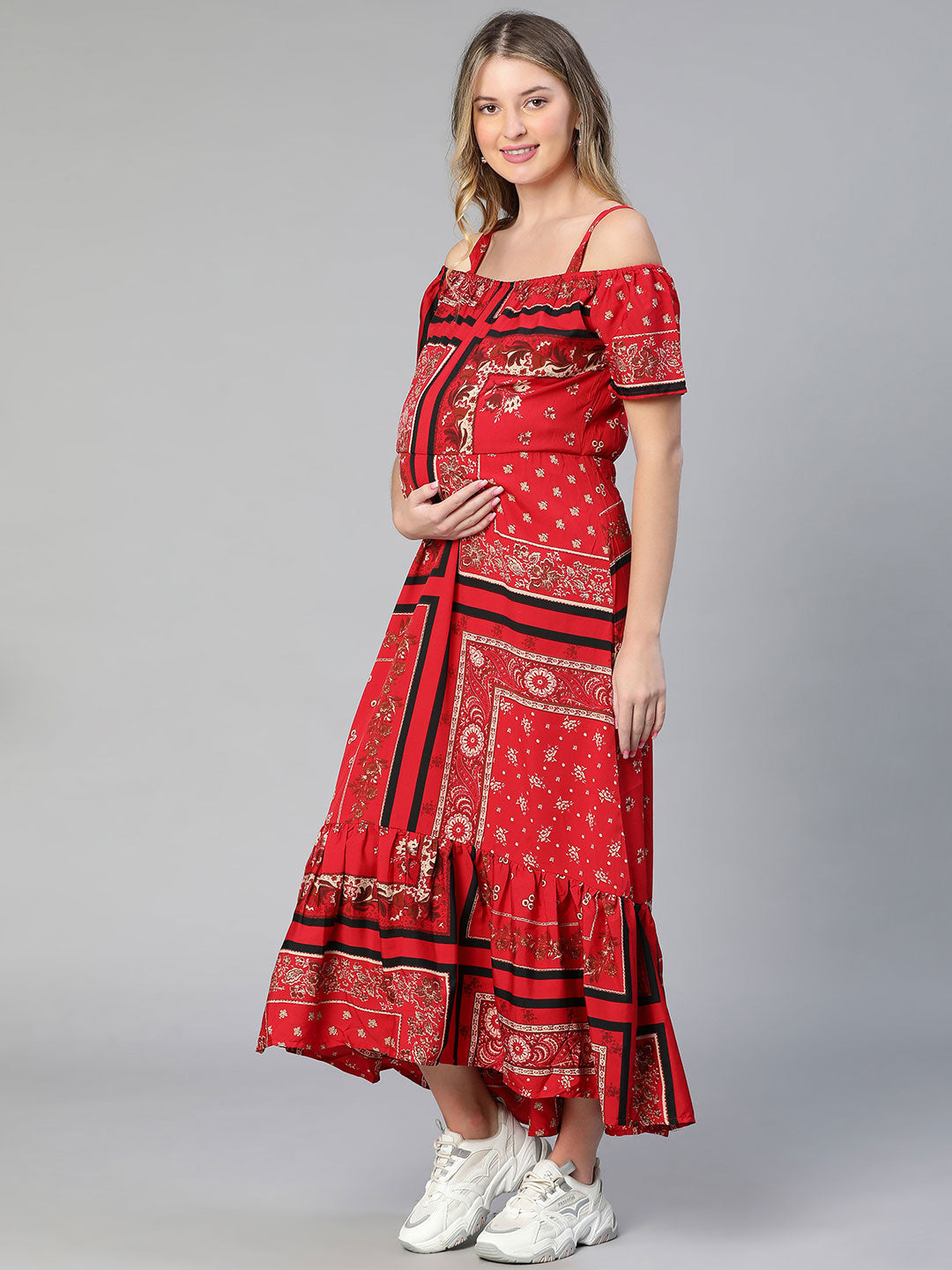 Amplified Red Floral Print Off-Shoulder Maternity Dress For Moms