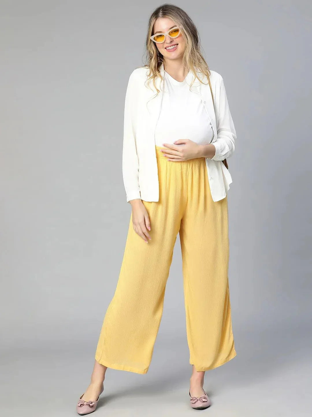 Women Solid Yellow Elasticated Maternity Pant For Expecting Moms - oxolloxo
