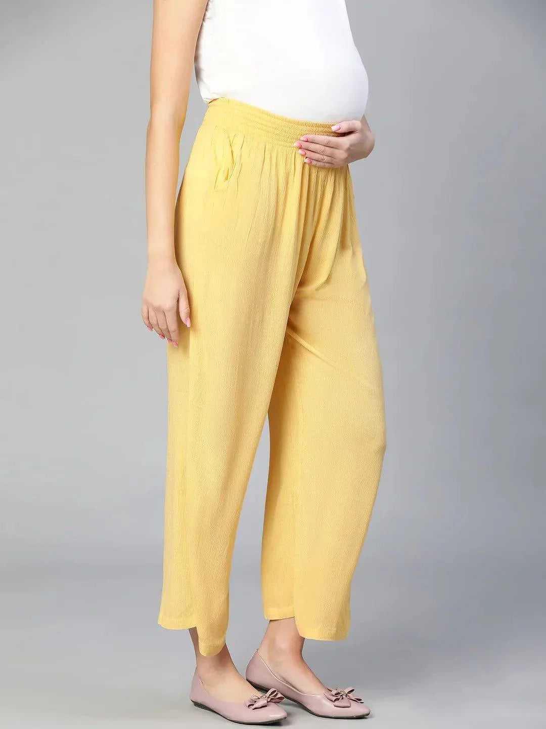 Women Solid Yellow Elasticated Maternity Pant For Expecting Moms - oxolloxo
