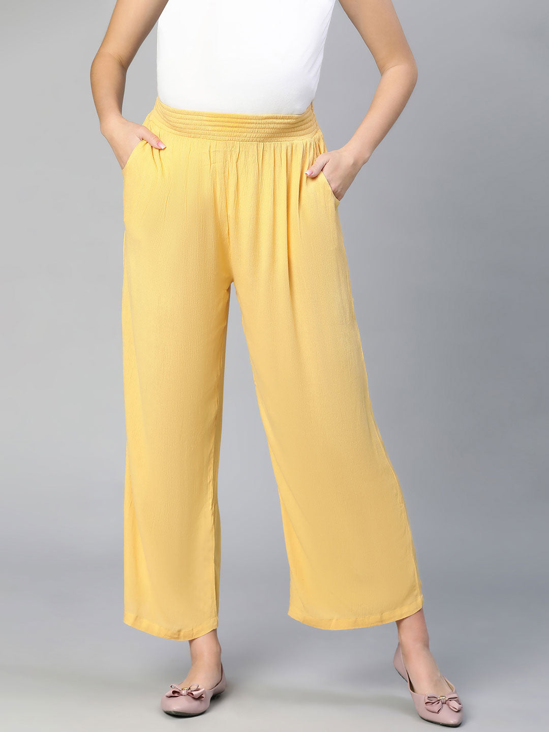 Women Solid Yellow Elasticated Maternity Pant For Expecting Moms