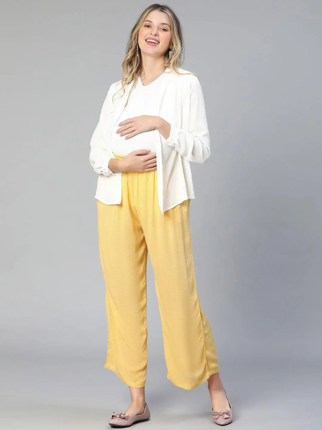 Women Solid Yellow Elasticated Maternity Pant For Expecting Moms - oxolloxo