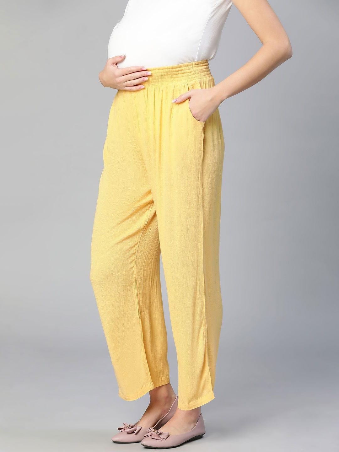 Women Solid Yellow Elasticated Maternity Pant For Expecting Moms - oxolloxo